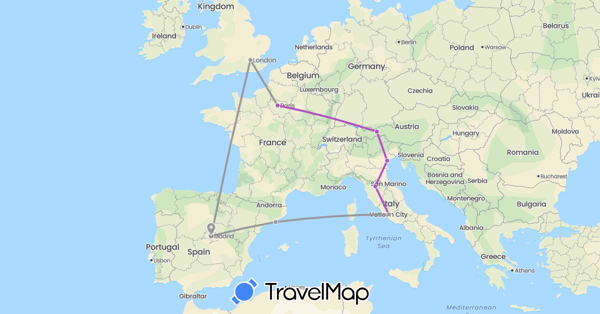 TravelMap itinerary: driving, plane, train in Austria, Spain, France, United Kingdom, Italy (Europe)
